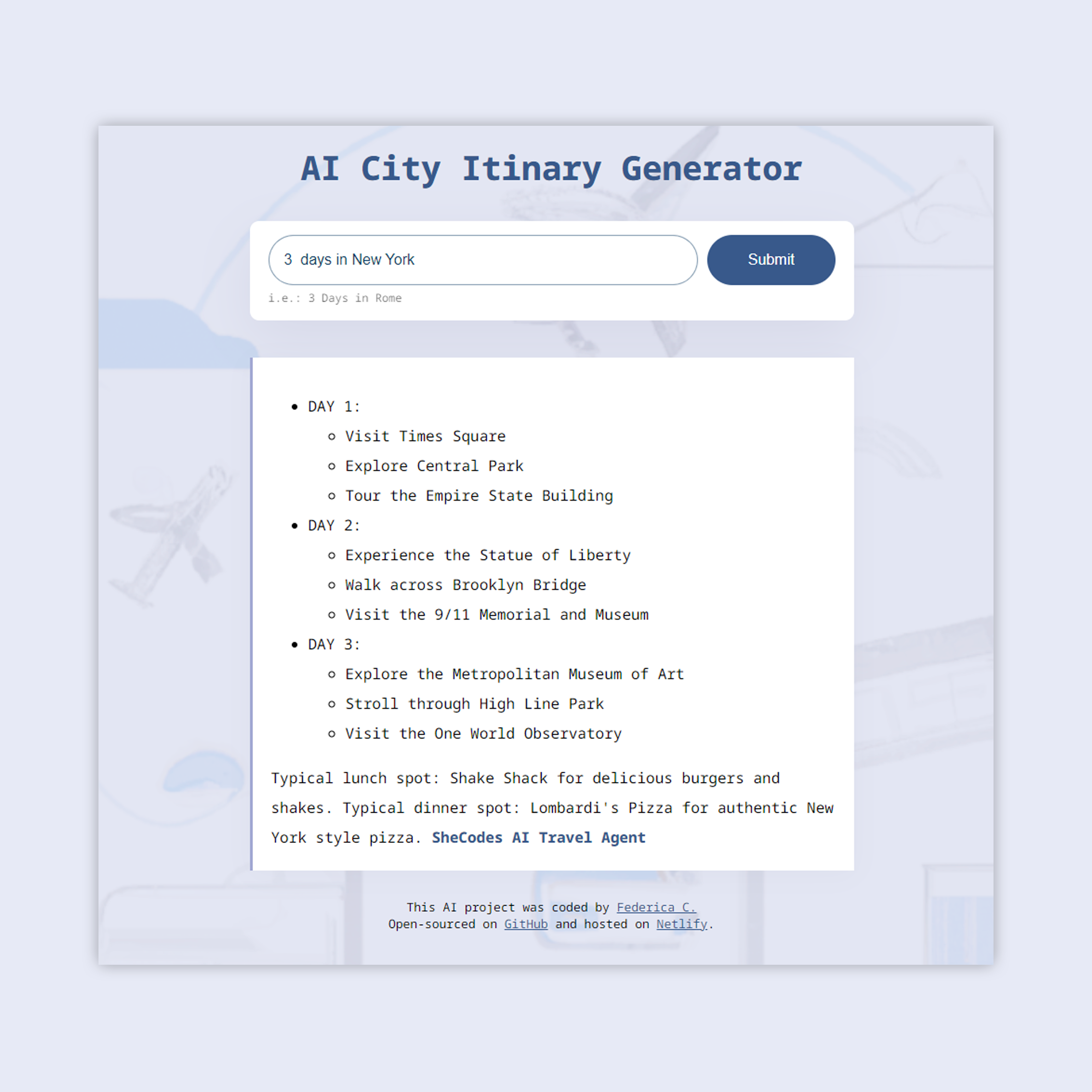 AI City Itinerary Generator App.